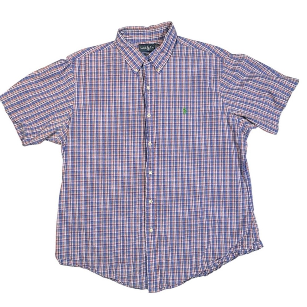 Ralph Lauren Mens XL Custom Fit Plaid Short Sleeve Button Down Shirt Blue Orange